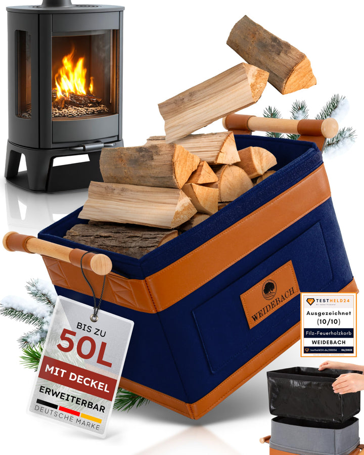 WEIDEBACH® Holzkorb für Kaminholz 35L (erweiterbar auf 50L), Kaminholzkorb dunkelblau schwer belastb
