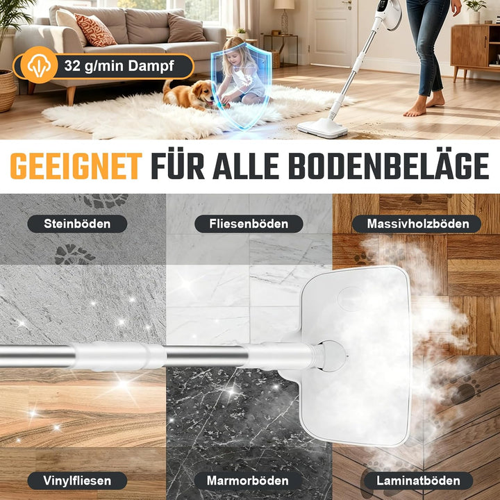 Dampfreiniger 12-in-1 mit abnehmbarem Teleskopstiel – 500ml Handdampfreiniger für Boden, Fliesen, Fe