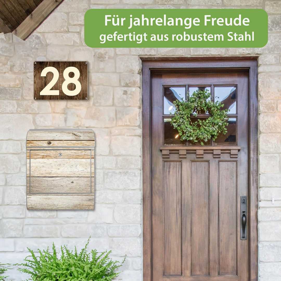 banjado® Design Briefkasten mit Motiv Graues Holz 39x47x14cm &amp; 2 Schlüssel - Briefkasten Stahl Silbe