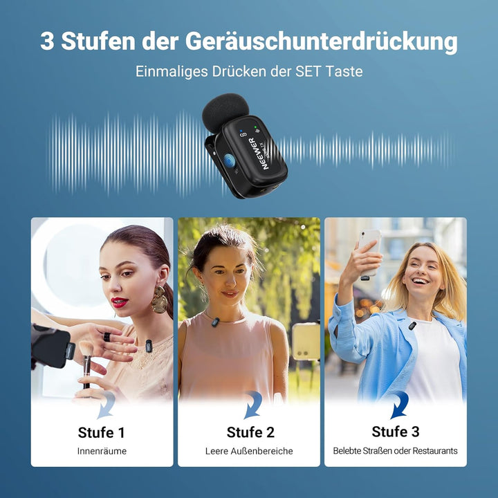 NEEWER KM19 drahtloses Lavalier Mikrofon, 48kHz/24 Bit, 30h Akkulaufzeit, 3 stufige Geräuschunterdrü
