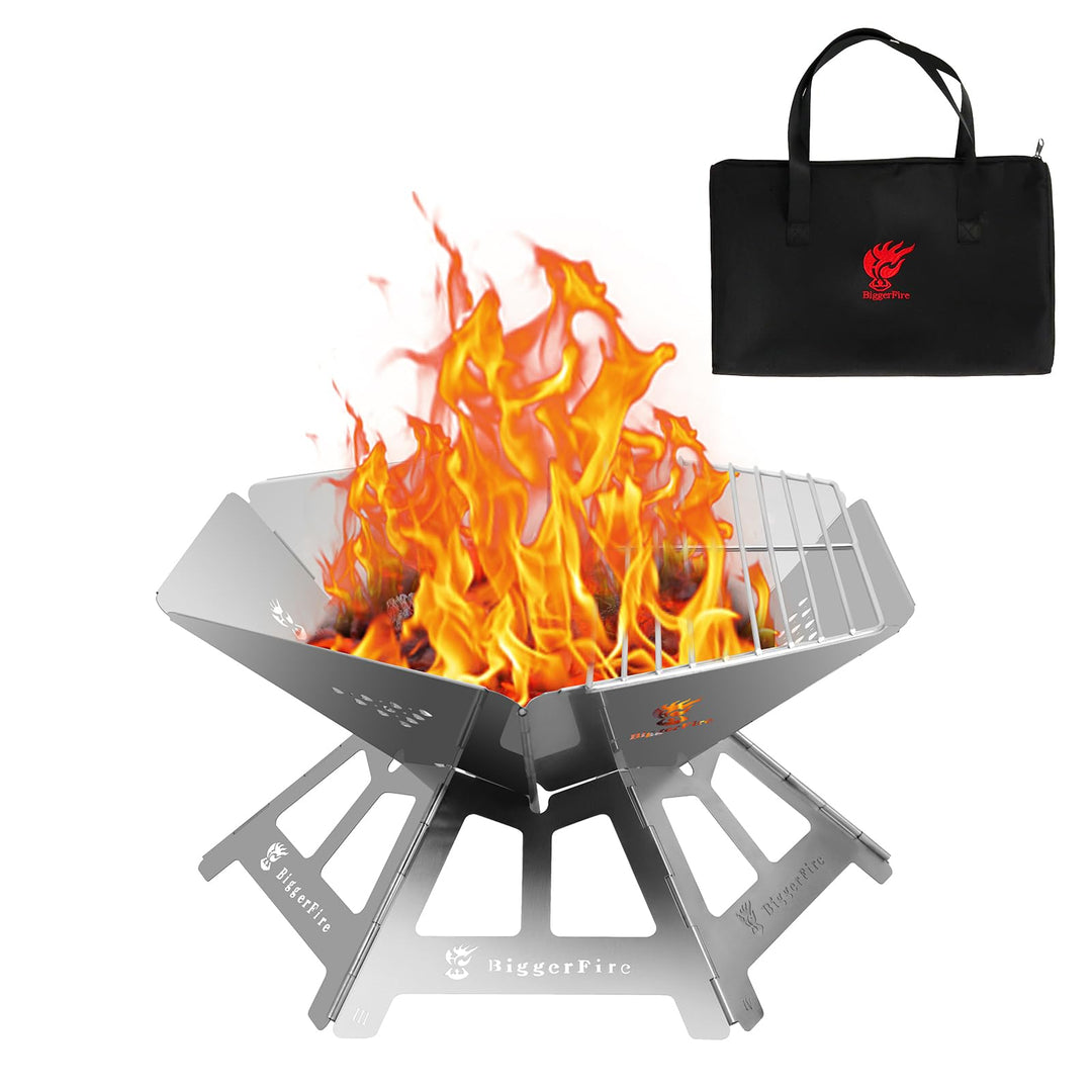 Faltbares Feuerstelle, tragbare Edelstahl-Feuerstelle mit Grillgitter und Aufbewahrungstasche – Camp