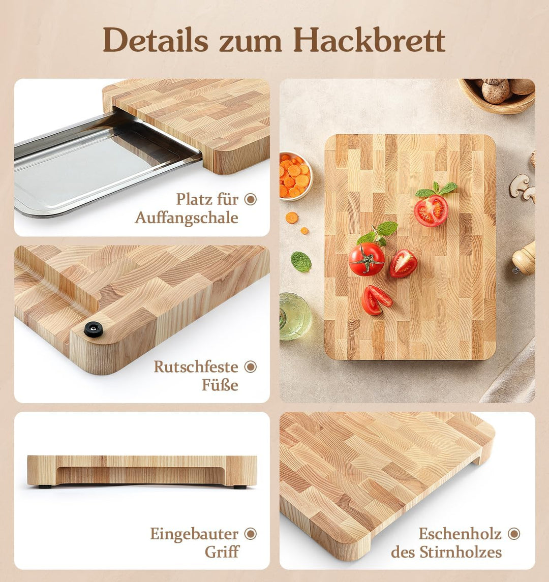 HEZHEN Schneidebrett, Eschenholz Hirnholz Hackbretter, Eingebauter Griff Platz für Auffangschale, Se
