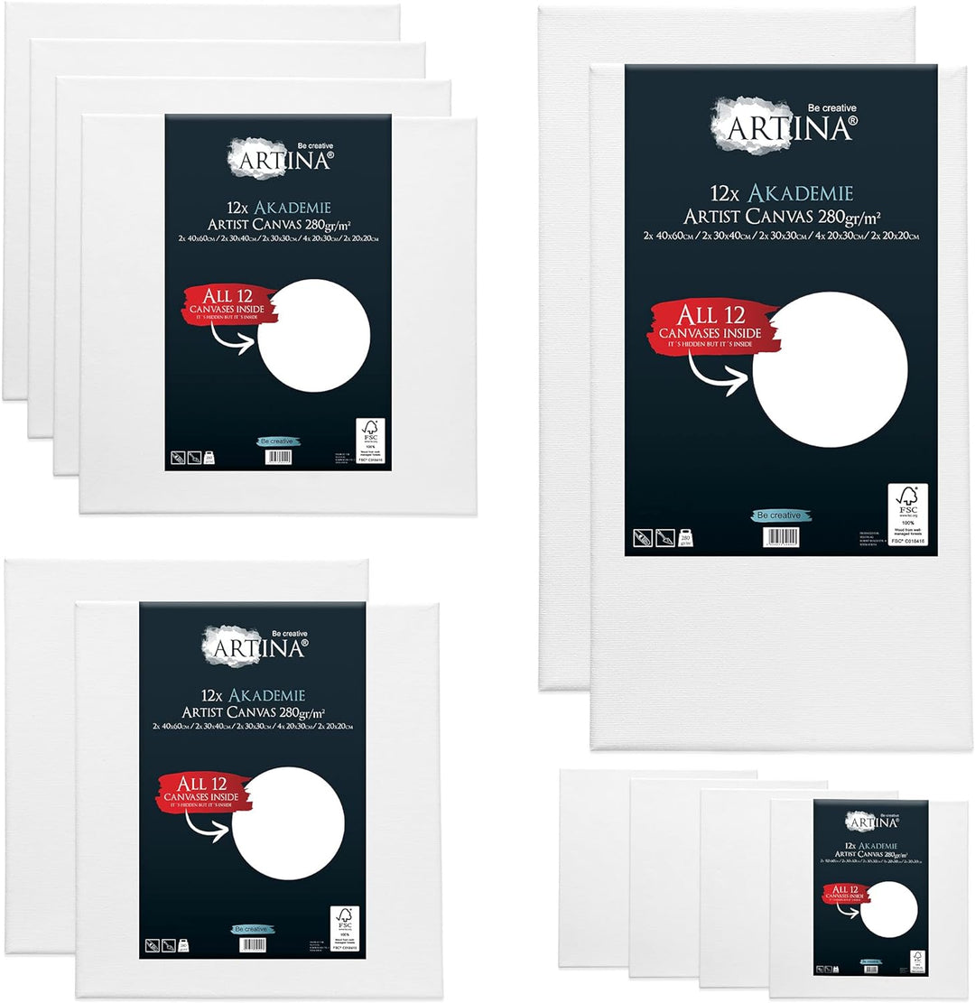 Artina FSC® Keilrahmen 12er Set Akademie 30x40, 20x20, 20x30, 30x30 & 40x60 cm – Leinwand Set Maltuc