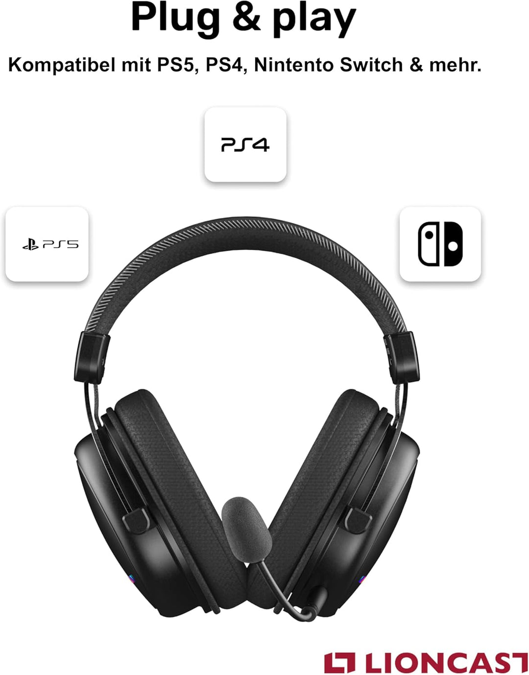 Lioncast® LX80 Gaming Headset mit Mikrofon Wireless [80Std. Akku] - PS5 - Xbox One - Gaming Headset