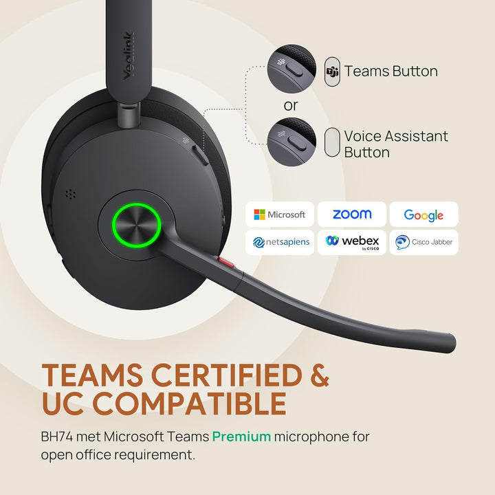 Yealink BH74 mit Ladestation ANC Kabelloses Bluetooth Headset mit Mikrofon, 6X Hybride Geräuschunter