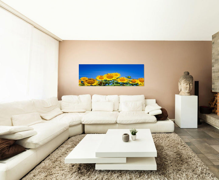 Paul Sinus Art Panoramabild auf Leinwand und Keilrahmen 120x40cm Sonnenblumen Sommer Himmel