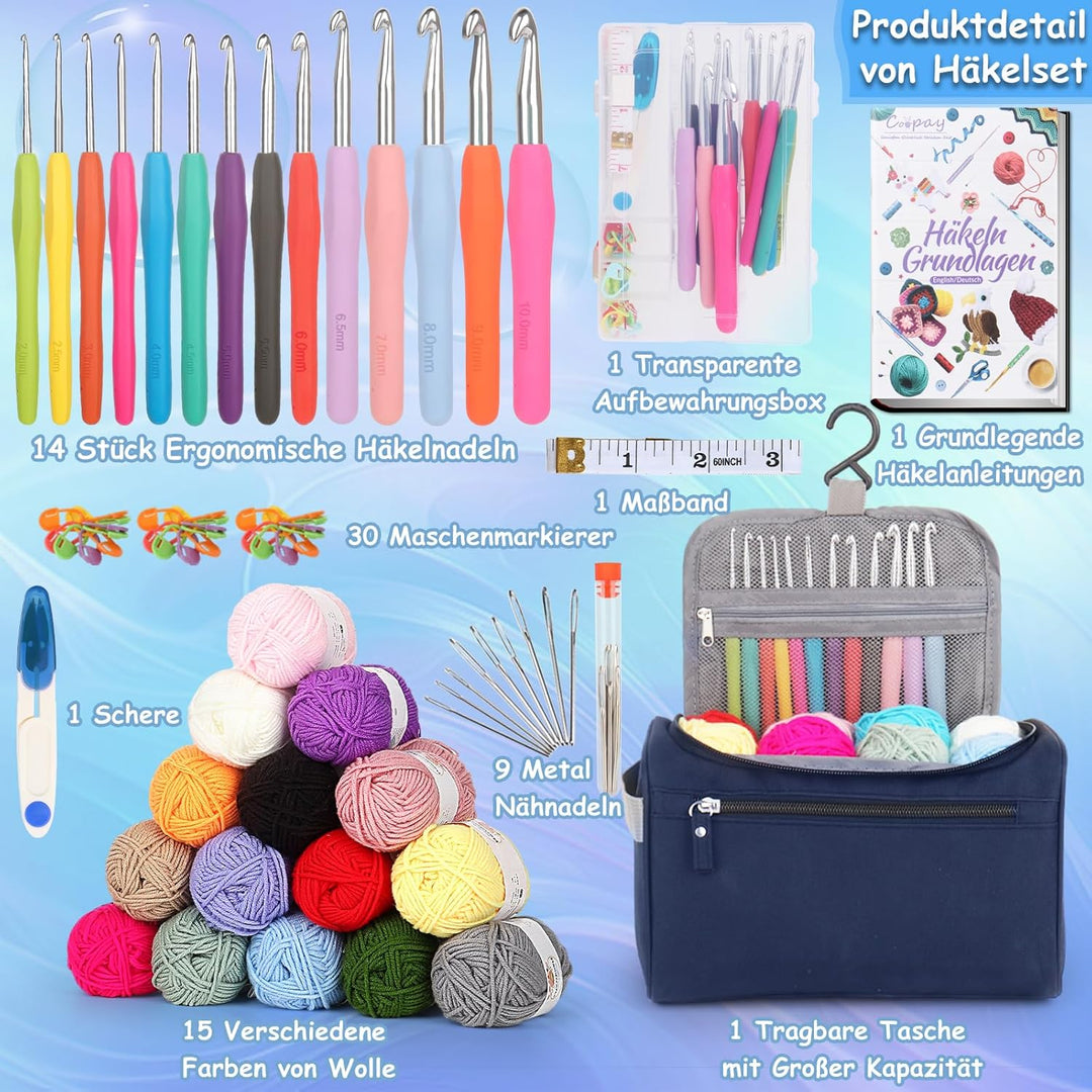 Coopay 73 Stück Häkelset für Anfänger, Tragbar Häkelnadel Set mit 15 Wolle, Tasche, Häkelzubehör, 2,