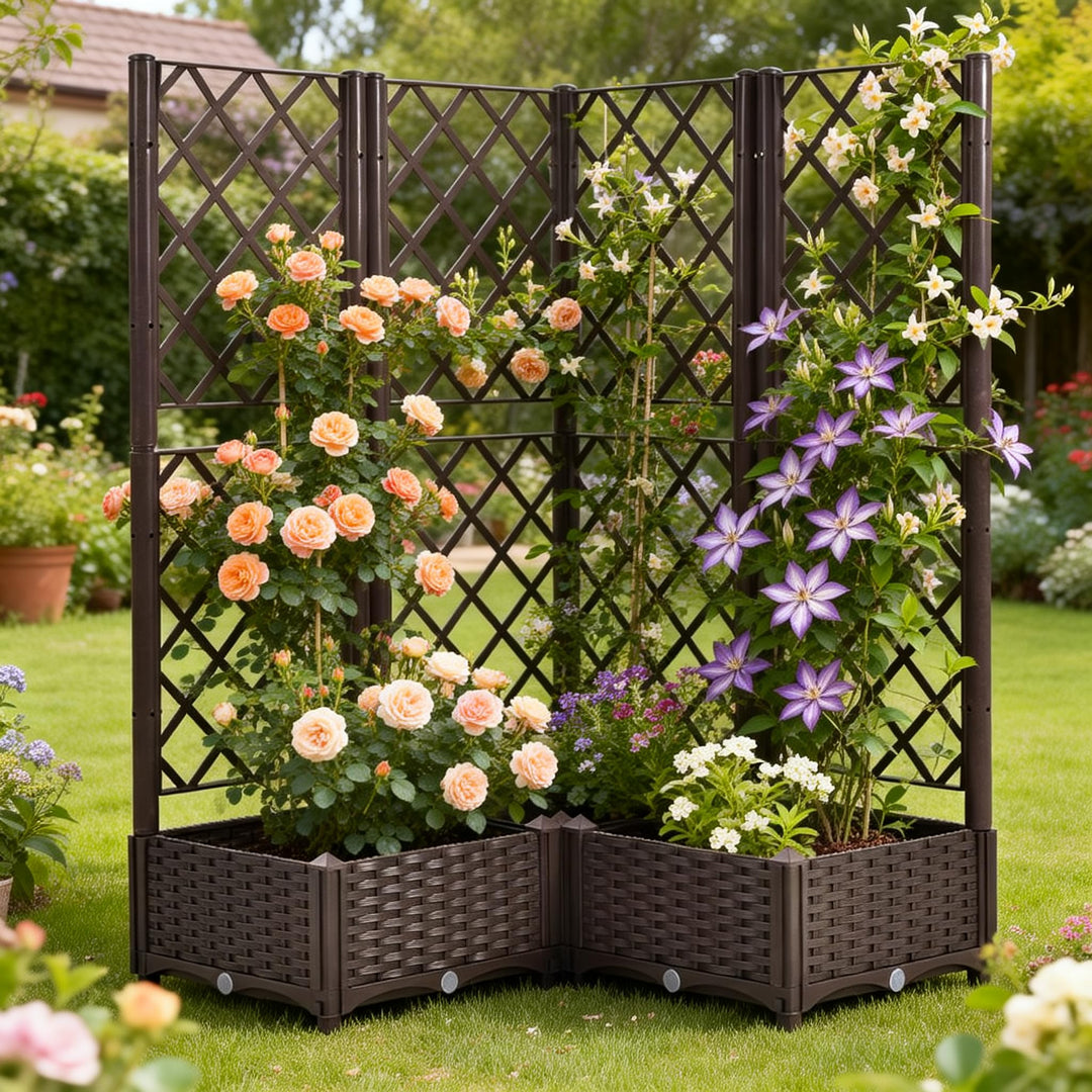 Mingone Rankgitter Hochbeet Pflanzgefäss Blumenkasten mit 3 Pflanzgefäss Wasserspeicher Balkonkasten