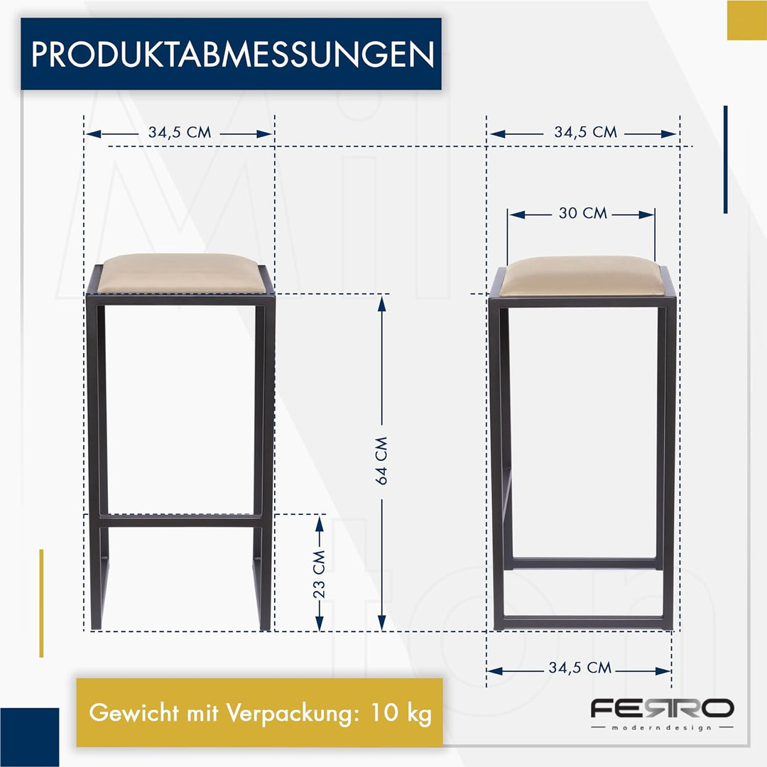 FERRO modern design Barhocker Schwarz ohne Lehne 64 cm - Metal Barstuhl mit Gepolstertem Sitz - Loft