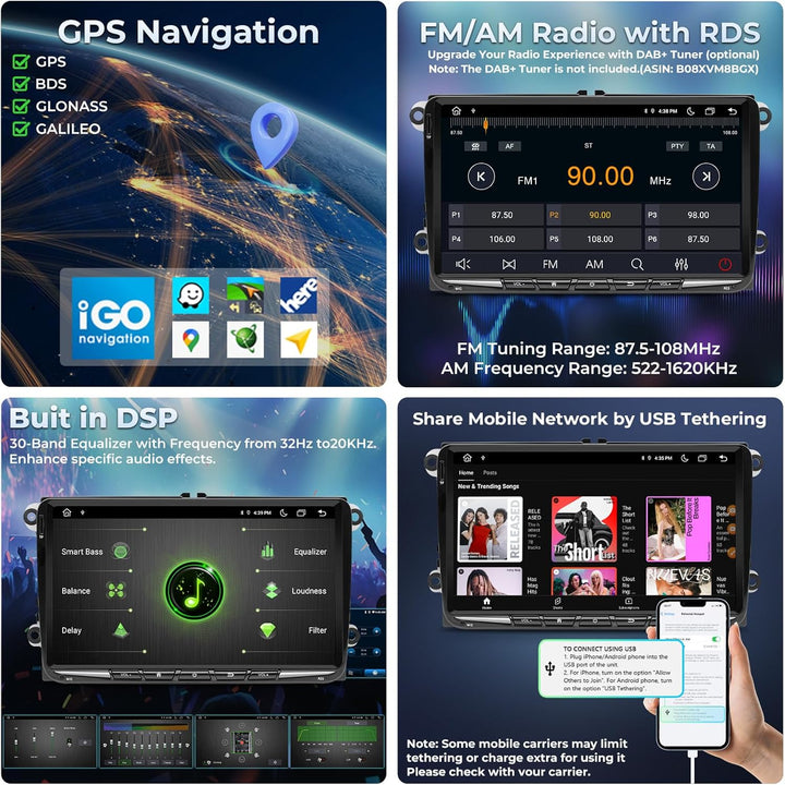 [Upgrade 6+128GB] Autoradio für VW Golf Passat Touran Seat Skoda, 9 Zoll Touchscreen Radio mit Wirel