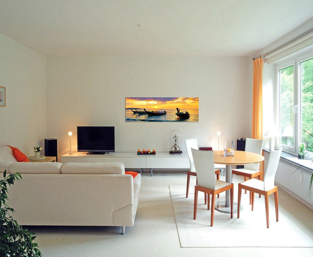 Paul Sinus Art Panoramabild auf Leinwand und Keilrahmen 150x50cm Thailand Strand Fischerboote Abends