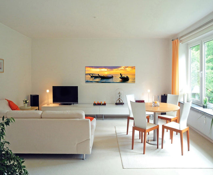 Paul Sinus Art Panoramabild auf Leinwand und Keilrahmen 150x50cm Thailand Strand Fischerboote Abends