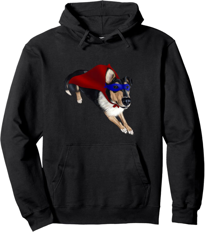 Glatter Collie Hund im Superhelden kostüm Pullover Hoodie