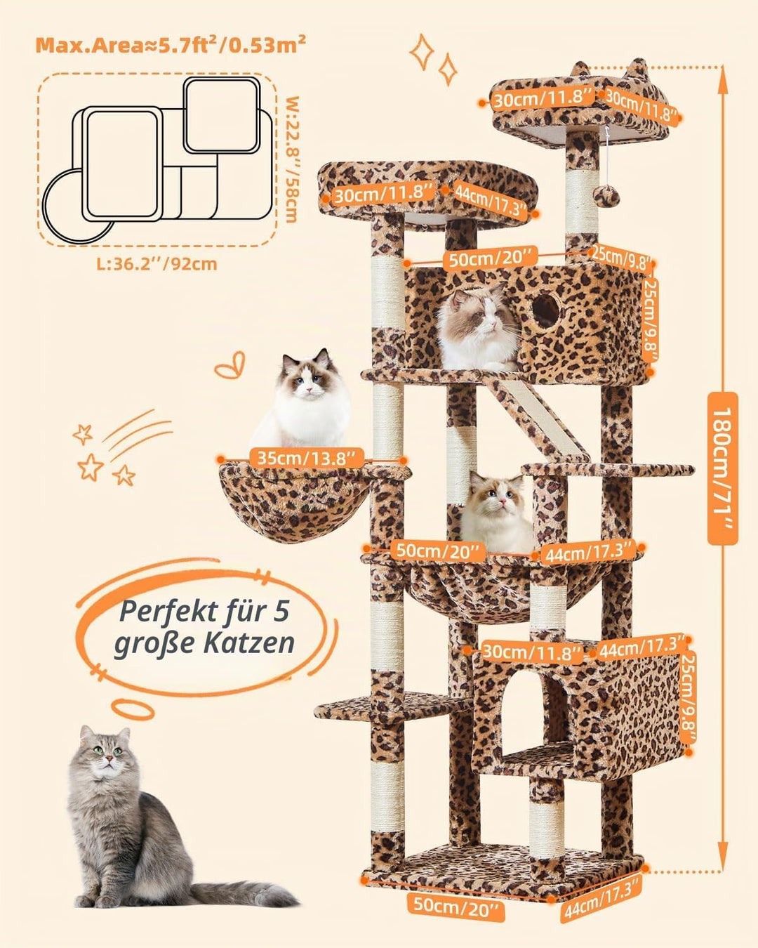 Taoqimiao 180CM Kratzbaum Gross, Katzenbaum Katzen Kratzbaum Grosse Katzen Stabil mit 2 Katzenhaus,