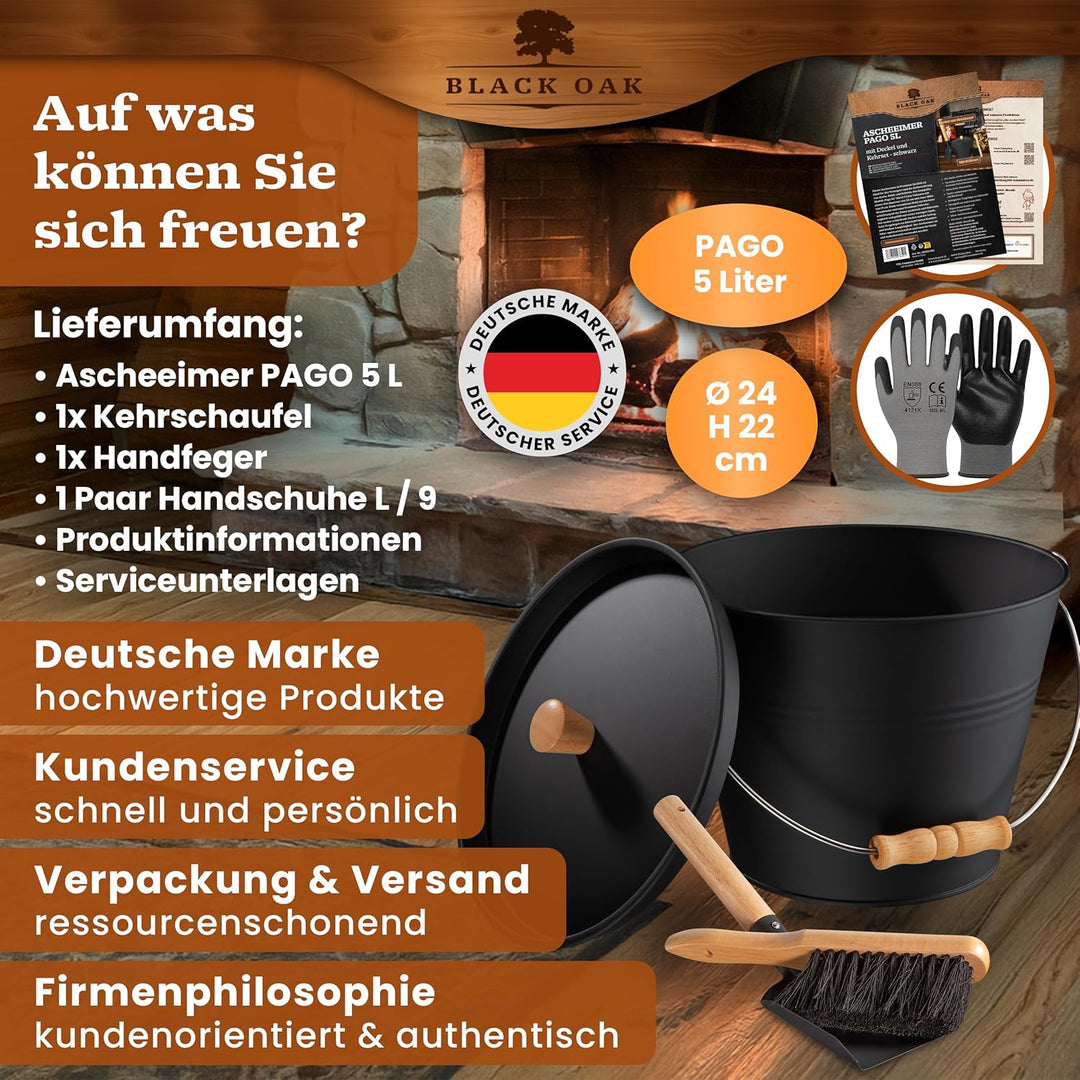 BLACK OAK Ascheeimer PAGO 5L - schwarz mit Deckel mit Holz-Griff + Feger + Schaufel & Handschuhen -