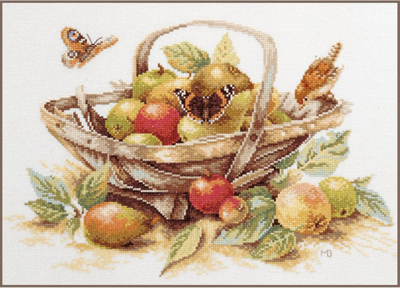 LANARTE PN Zählmusterpackung Korb mit Äpfeln Kreuzstichpackung, Baumwolle, Mehrfarbig, 39 x 29 x 0.3