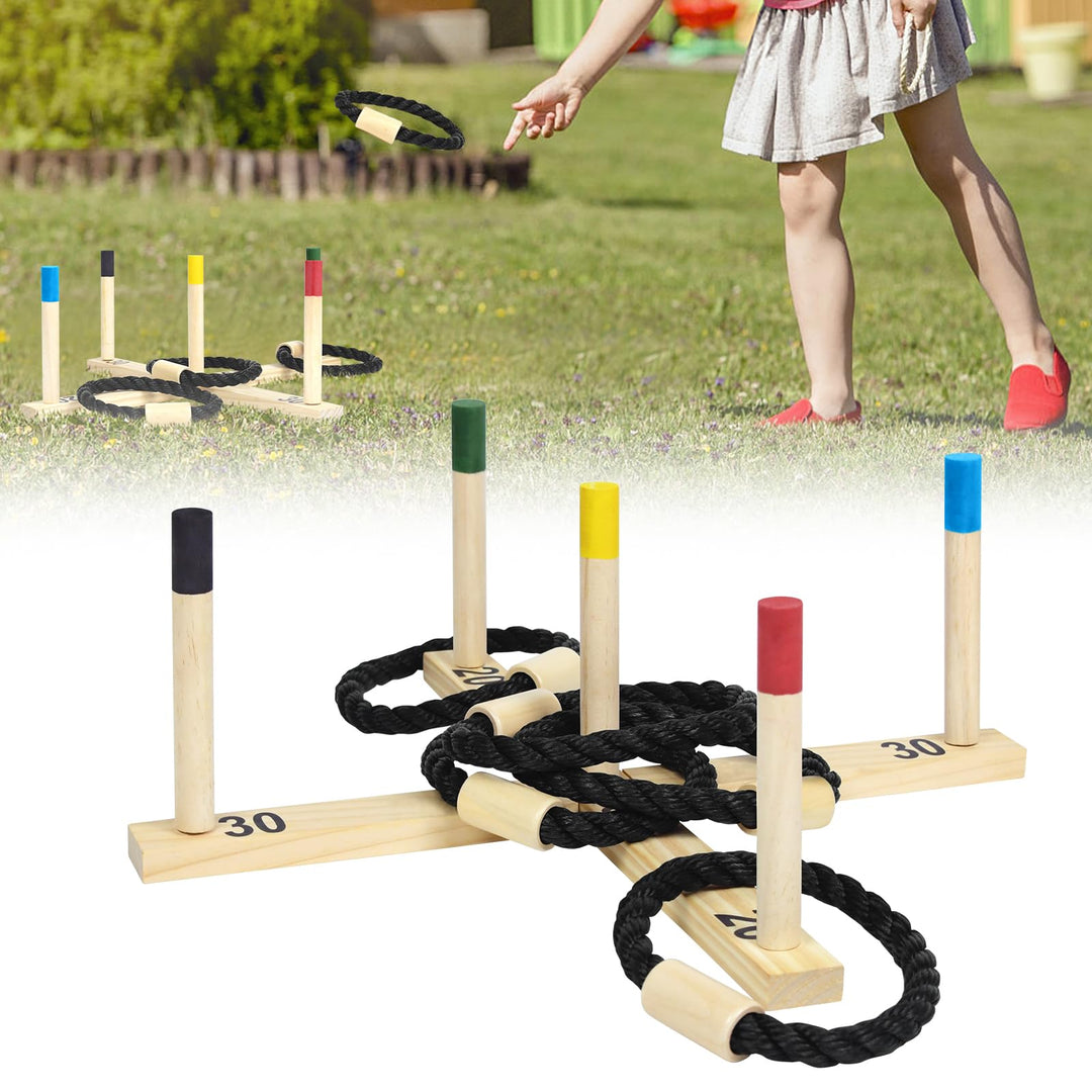 Aufun Ringwurfspiel aus Holz Wurfspiel Set mit 5 Wurfringe und 5 Spielstäben, Holzspiel Gartenspielz