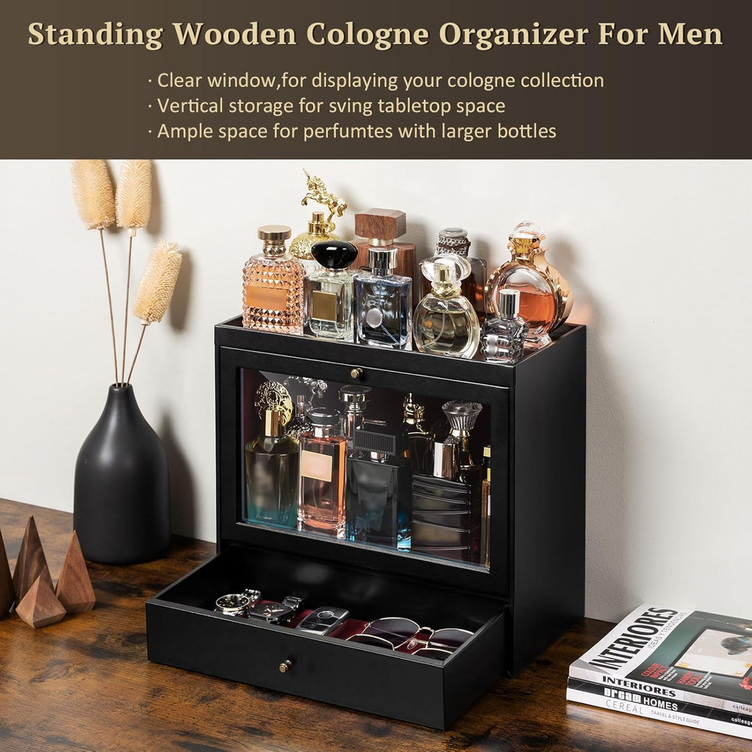 Parfüm Organizer, Leder Herren Parfüm Ständer mit Schublade, Parfüm Regal mit Transparent Sichtbarer