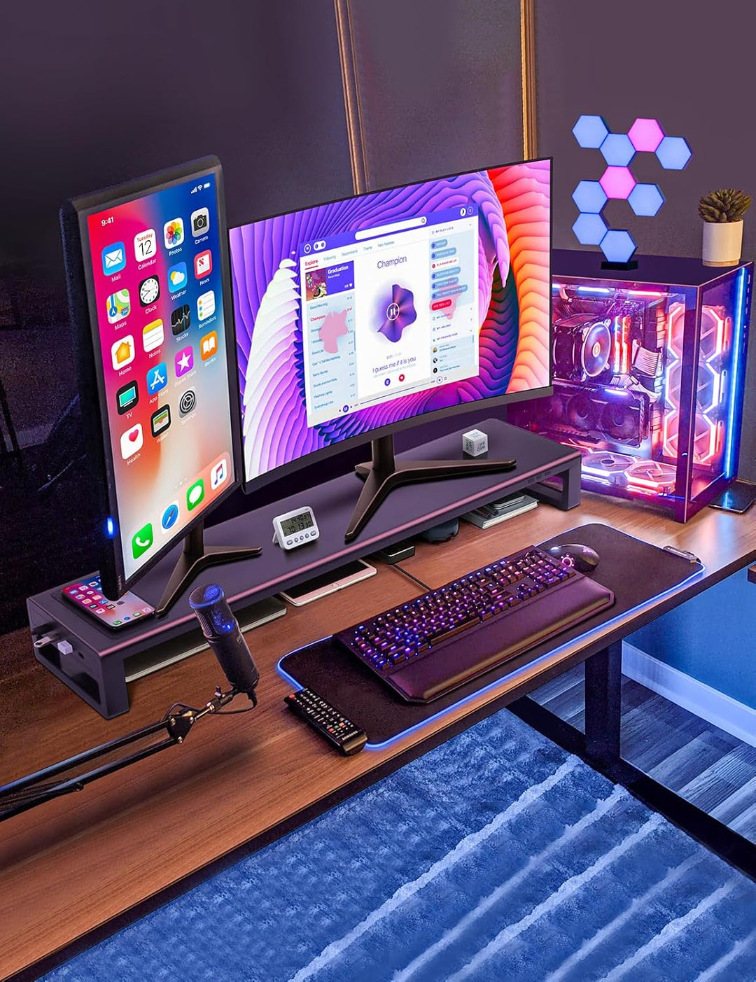 Vaydeer Dual-Monitor-Ständer mit kabelloser Aufladung und 4 USB-Hubs - Metallständer für 2 Monitore
