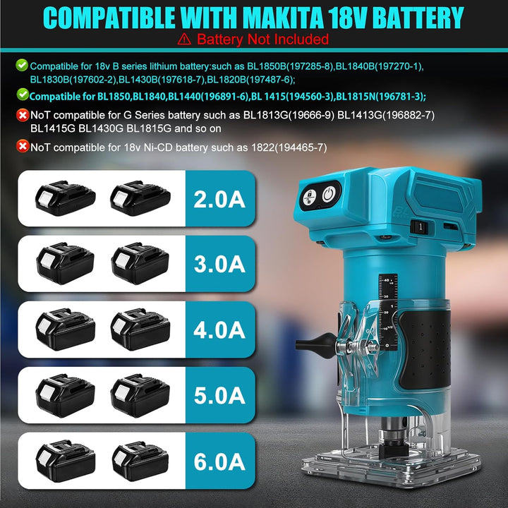 Akku Oberfräse kompatibel mit Makita 18V-Akku (ohne Akku), 800 W bürstenloser Holztrimmer mit 10000–
