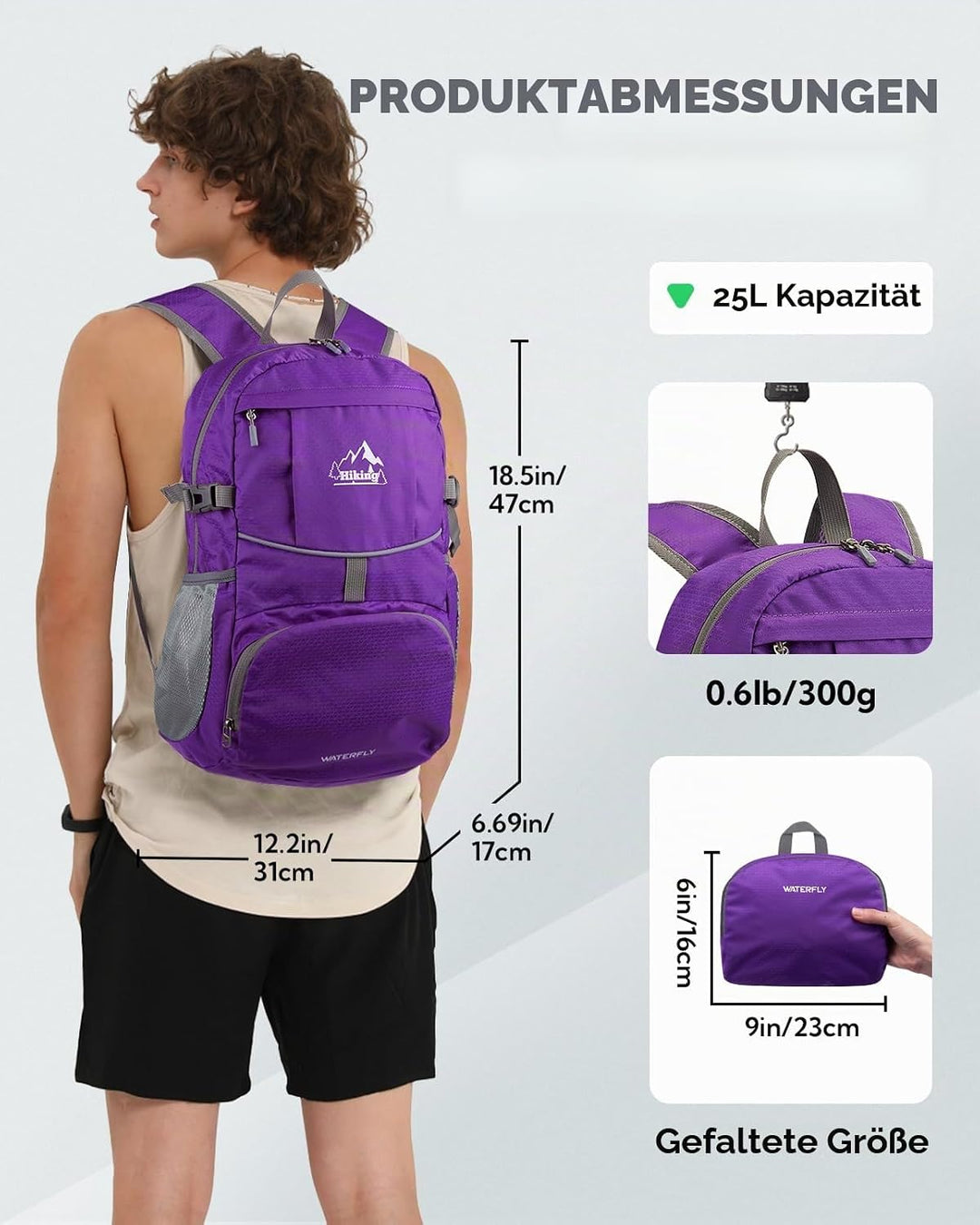 WATERFLY Faltbarer Rucksack Ultraleicht Wanderrucksack: 25L Leichter Tagesrucksack Sportlich Packabl