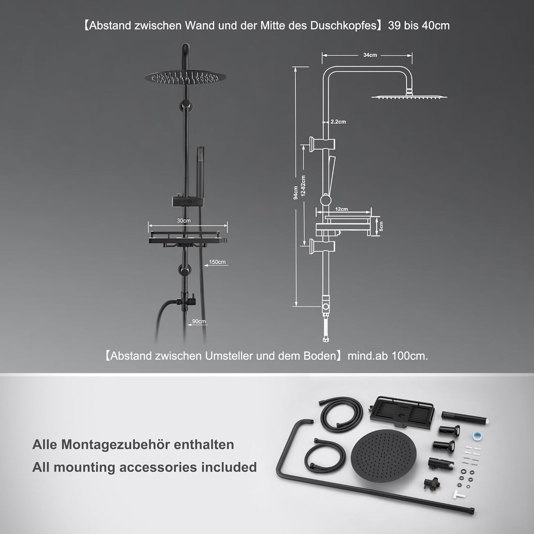 Görbach Regendusche Duschsystem mit Ablage, Edelstahl Duschstangeset, Wassersparend, Duschset ohne A