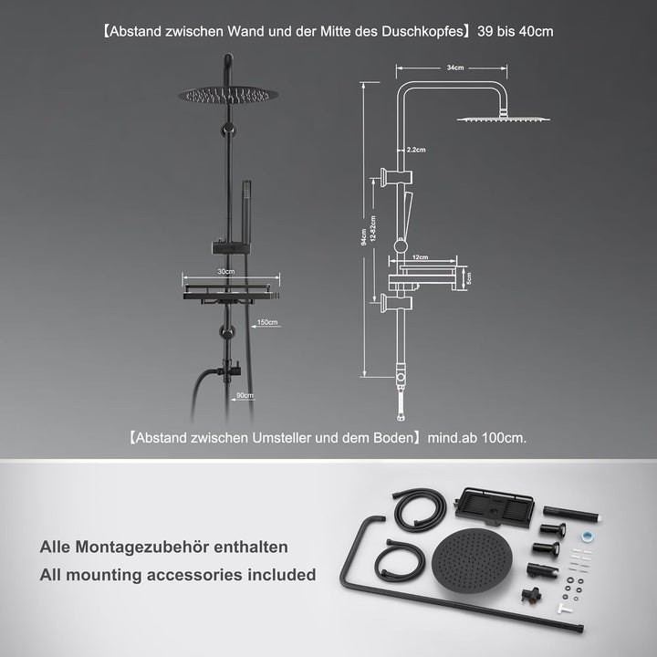 Görbach Regendusche Duschsystem mit Ablage, Edelstahl Duschstangeset, Wassersparend, Duschset ohne A