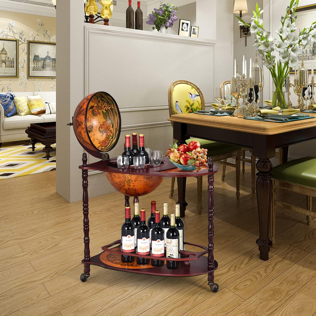KOMFOTTEU Globus Bar Barwagen, Minibar mit Rollen, Weinregal mit Klassischem Design, Cocktailbar Bar