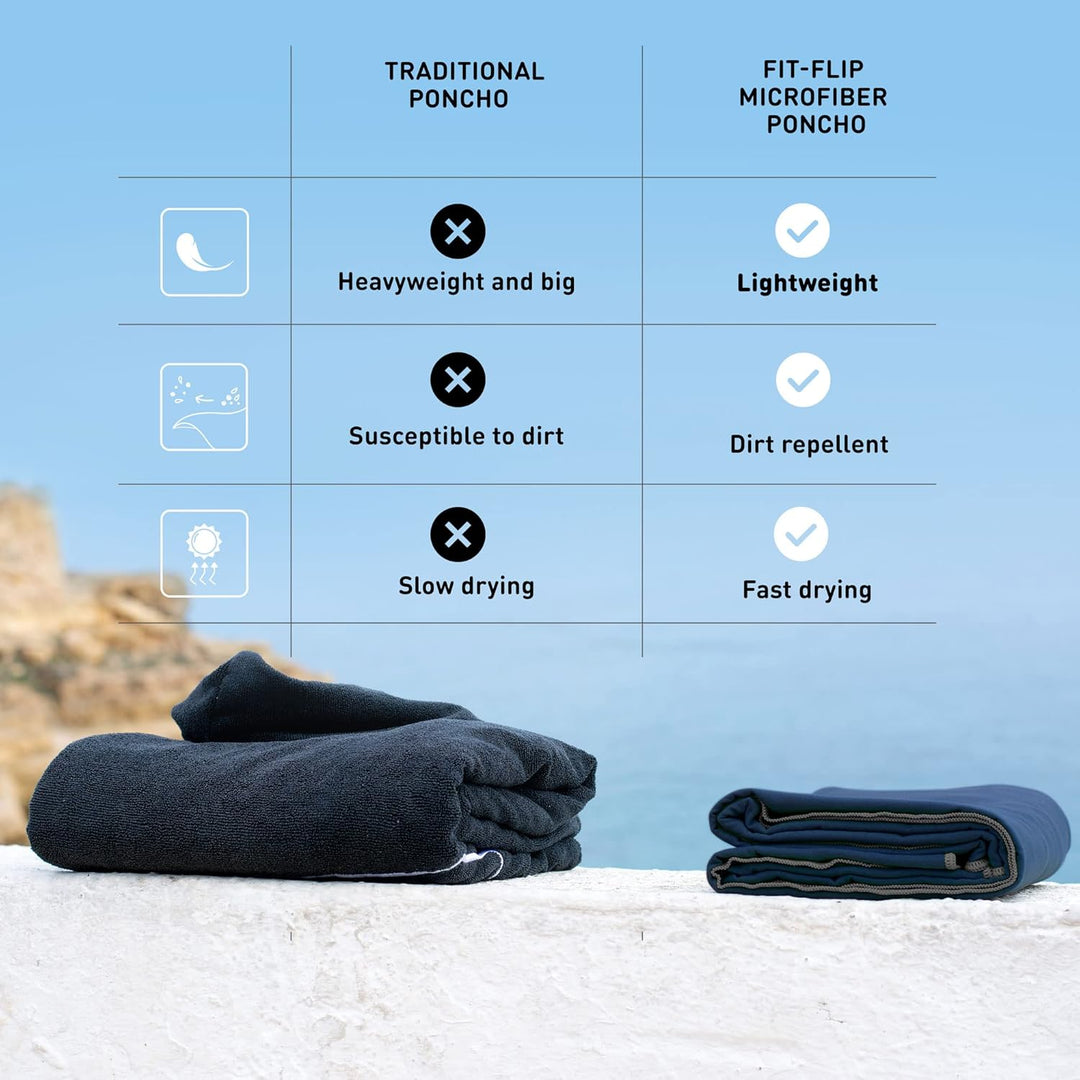 Fit-Flip Strandponcho für Erwachsene mit Kapuze - schnelltrocknend, kompakt und Ultraleicht - Badepo