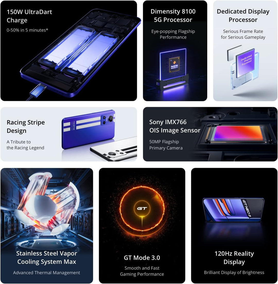 realme GT neo 3 150 W - 12+256GB 5G Smartphone ohne Vertragy,150 W SuperDart-Aufladung,MediaTek Dime