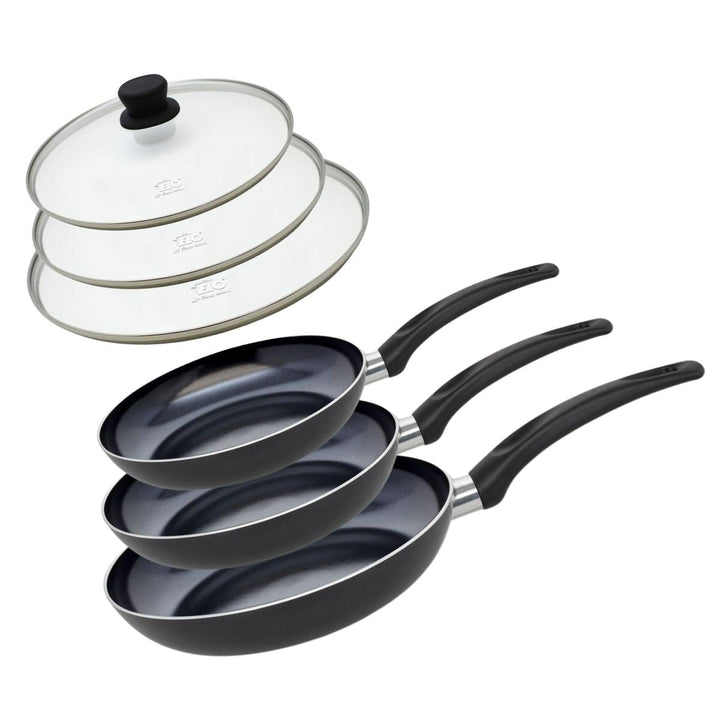 Elo 9808050 Pfannen-Set, 3-teilig, Aluminium und 3 Glaskochdeckel, Pfanne für alle Herdarten ausser
