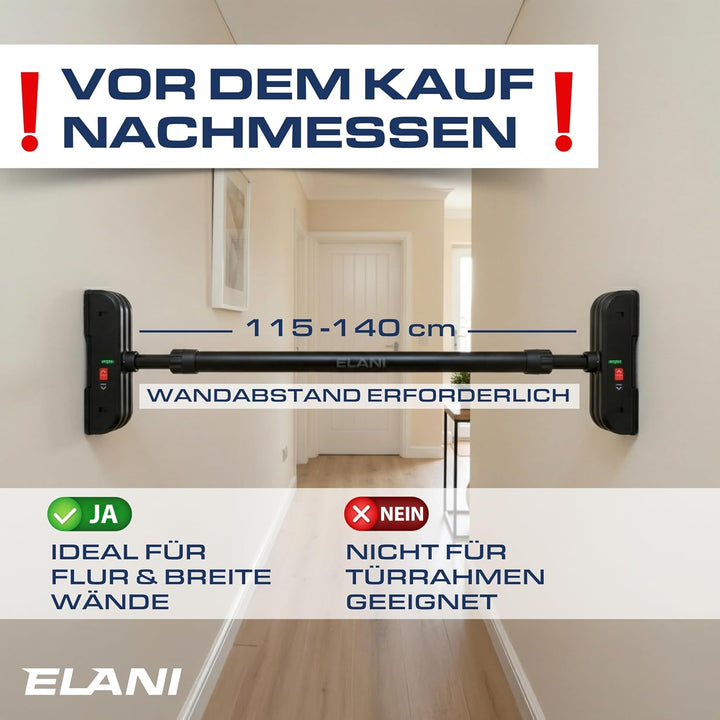 ELANI – Klimaneutrale Klimmzugstange Wand 115-140 cm ohne Bohren mit innovativer Gewindesperre für s