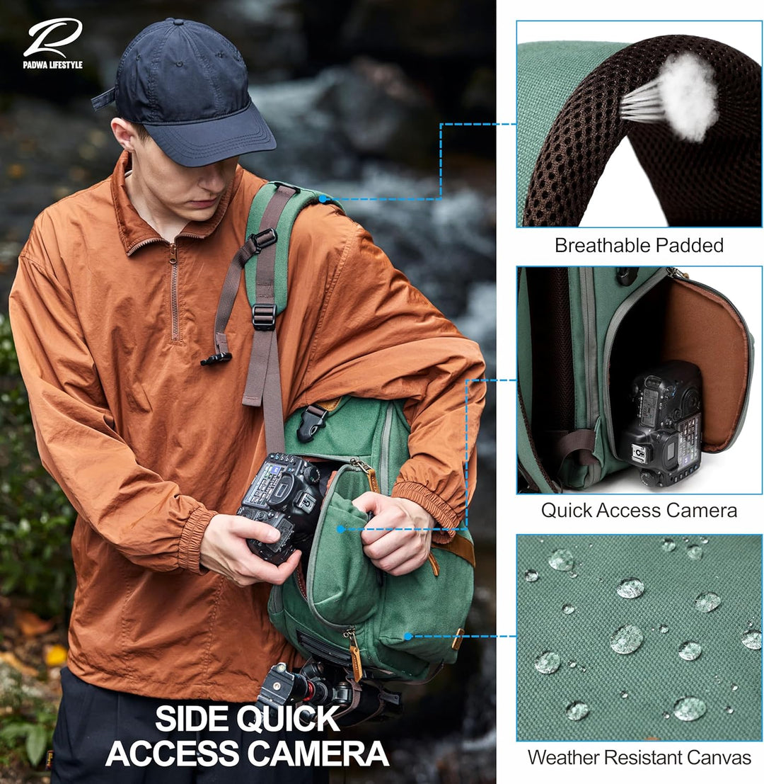 Padwa Lifestyle Kamerarucksack - Gewachstem Memory Canvas Kamerarucksack mit 16“ Laptop-/Objektivfac
