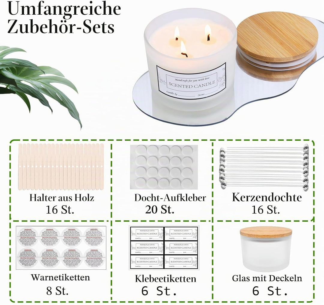 CONNOO Kerzengläser mit 3 Dochten, Milchglas, breite Öffnung, mit Bambusdeckel, klebrigen Warnschild