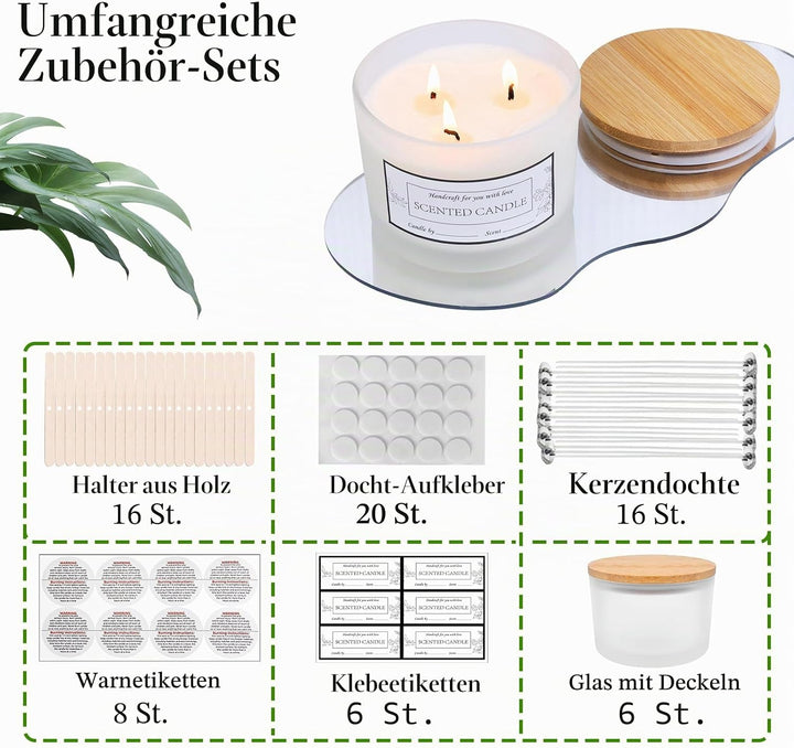 CONNOO Kerzengläser mit 3 Dochten, Milchglas, breite Öffnung, mit Bambusdeckel, klebrigen Warnschild