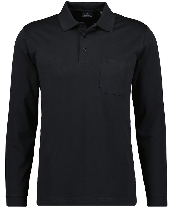 RAGMAN Herren Softknit-Polo mit Brusttasche, Langarm S Schwarz-009, S Schwarz-009