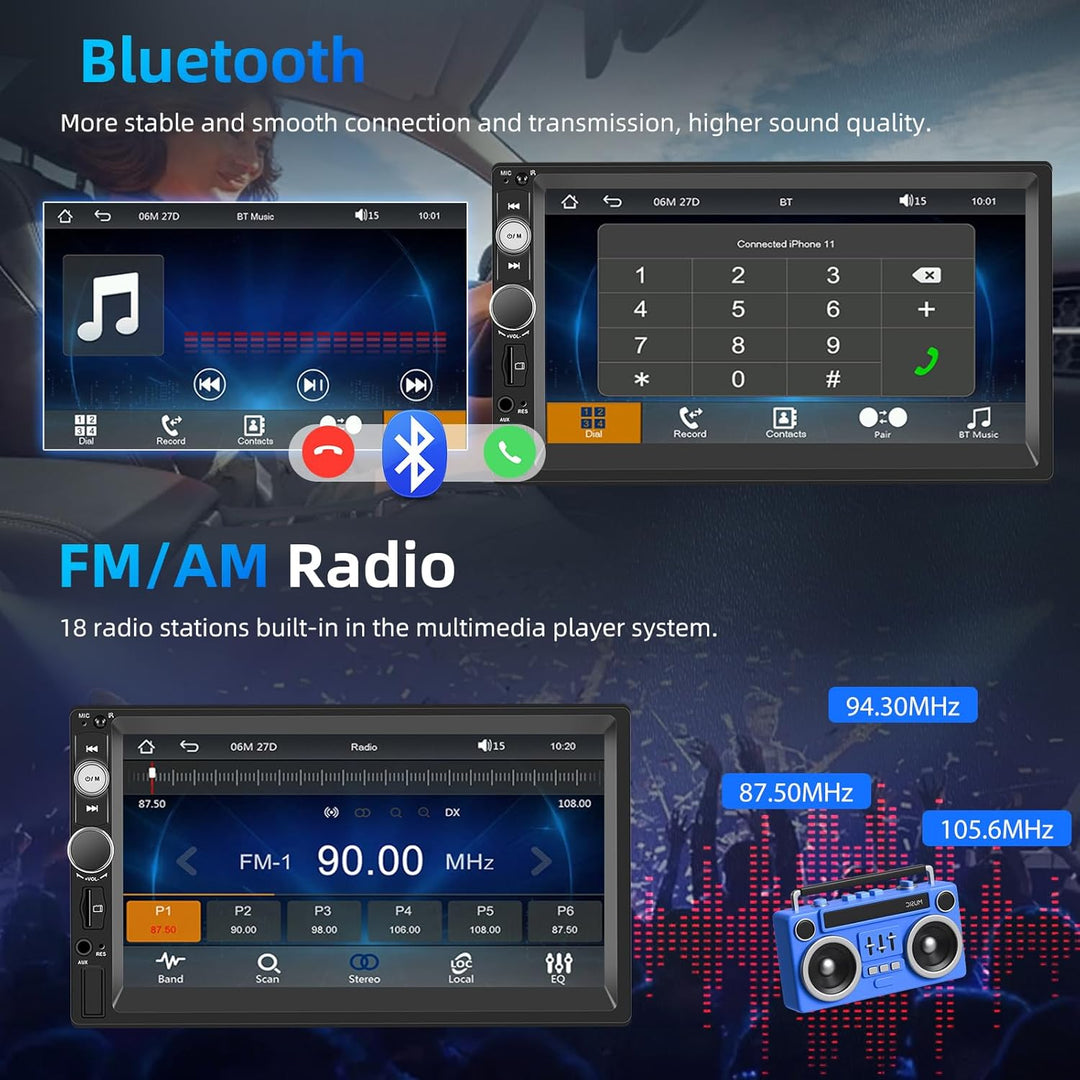 Wireless Carplay Android Auto 2 Din Autoradio, 7" HD Touchscreen Car Stereo MP5 Player, Unterstützun