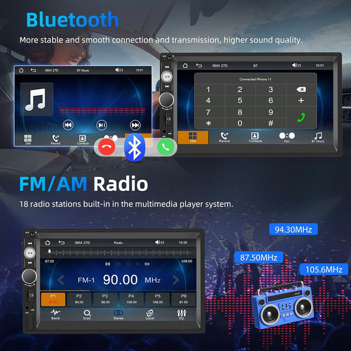 Wireless Carplay Android Auto 2 Din Autoradio, 7" HD Touchscreen Car Stereo MP5 Player, Unterstützun