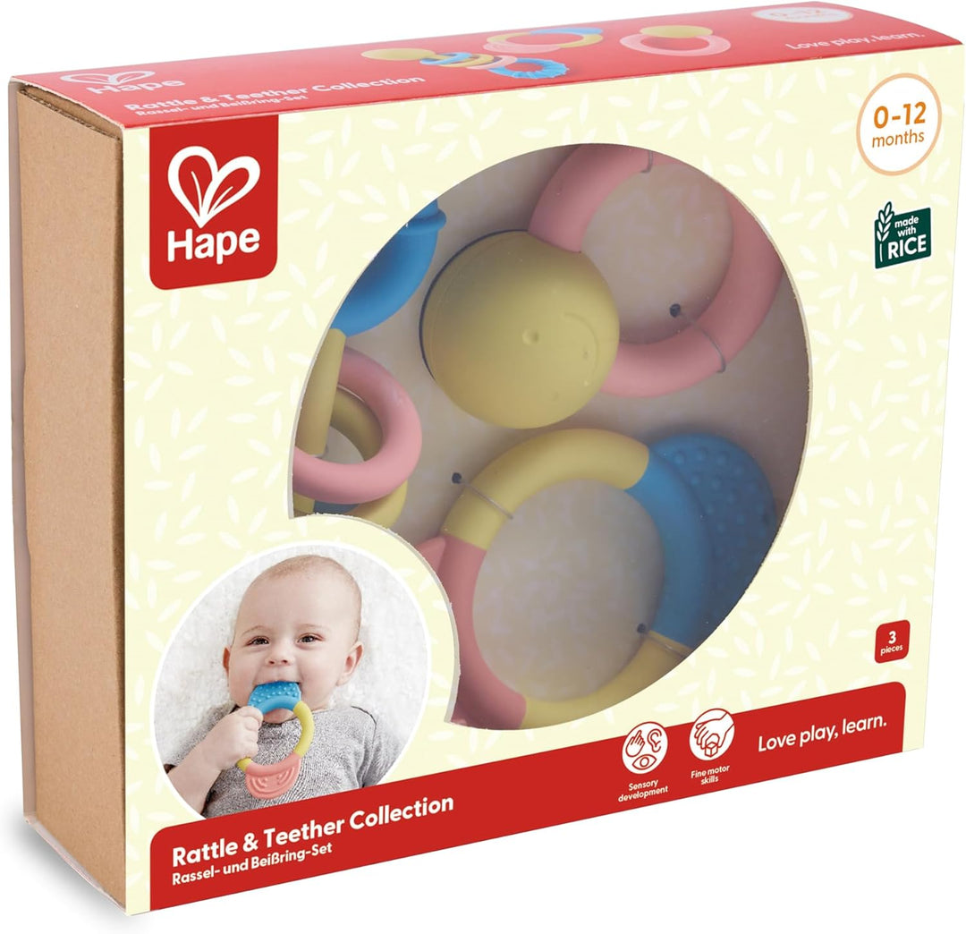 Hape Rassel- und Beissring-Set aus Reiskunststoff, Babyspielzeug, Ringrassel und klappernder Beissri