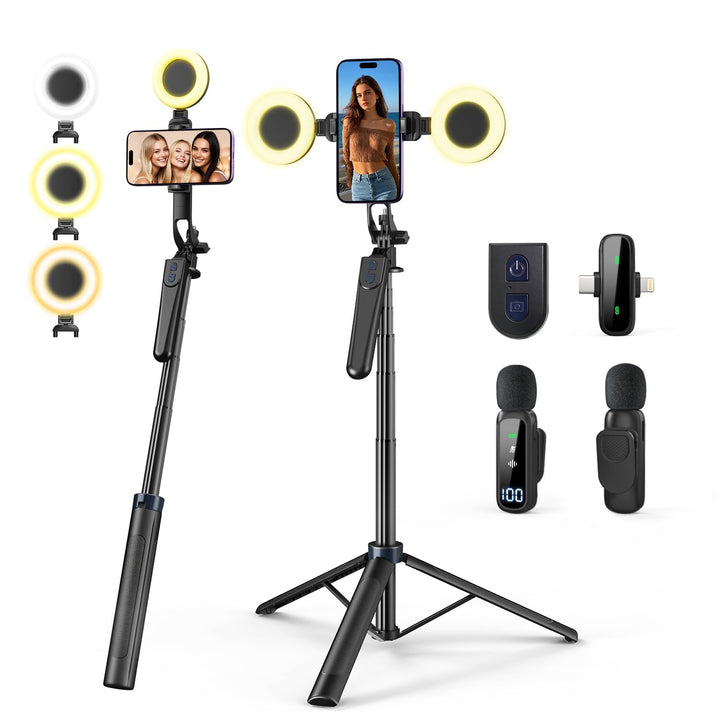 yAyusi Vlogging-Kit für iPhone/Android, 180 cm Ausziehbares Selfie-Stick-Stativ mit Licht, Fernbedie
