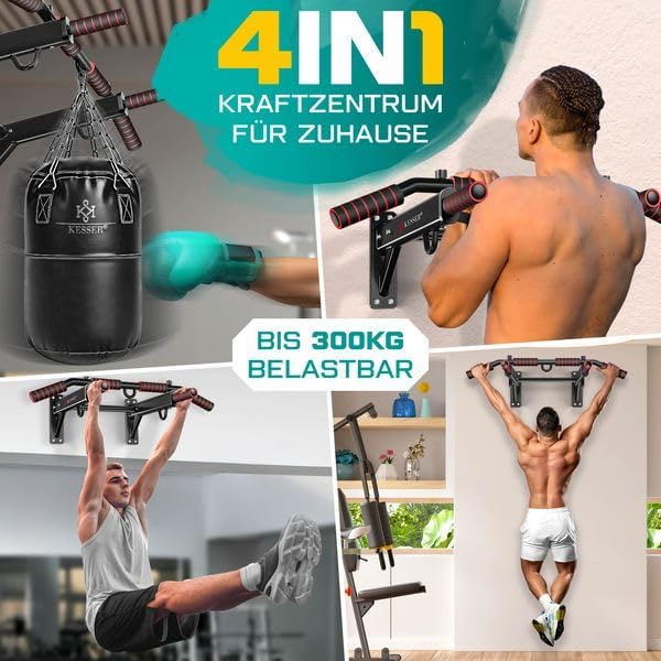 KESSER® 4in1 Klimmzugstange zur Wandmontage rutschfesten Griffen zusätzliche Funktion für Seile Ring