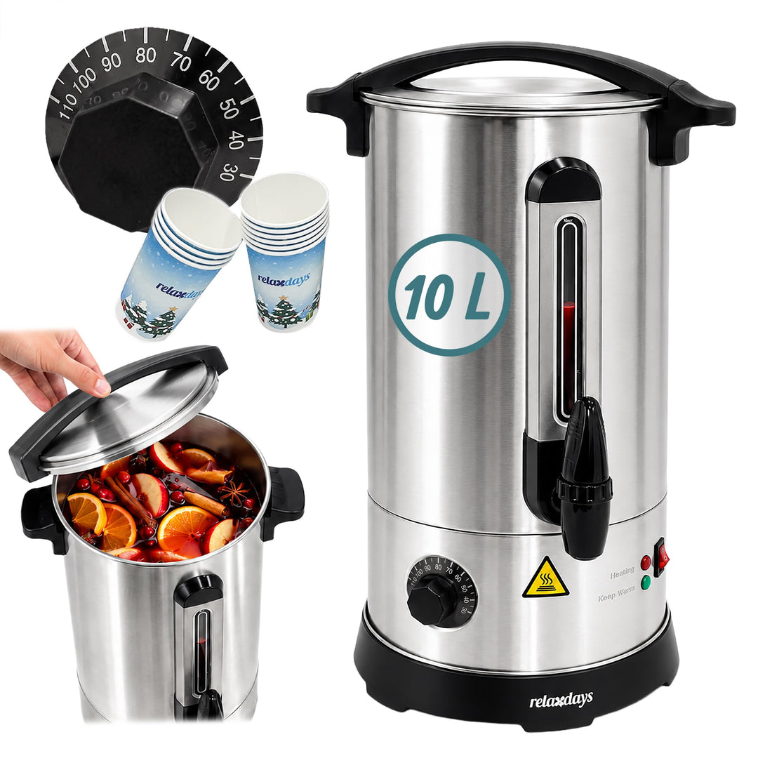 Relaxdays Glühweinkocher, 10 l, 30–110 °C, Zapfhahn, Thermostat, Silber | Füllstandsanzeige, Edelsta