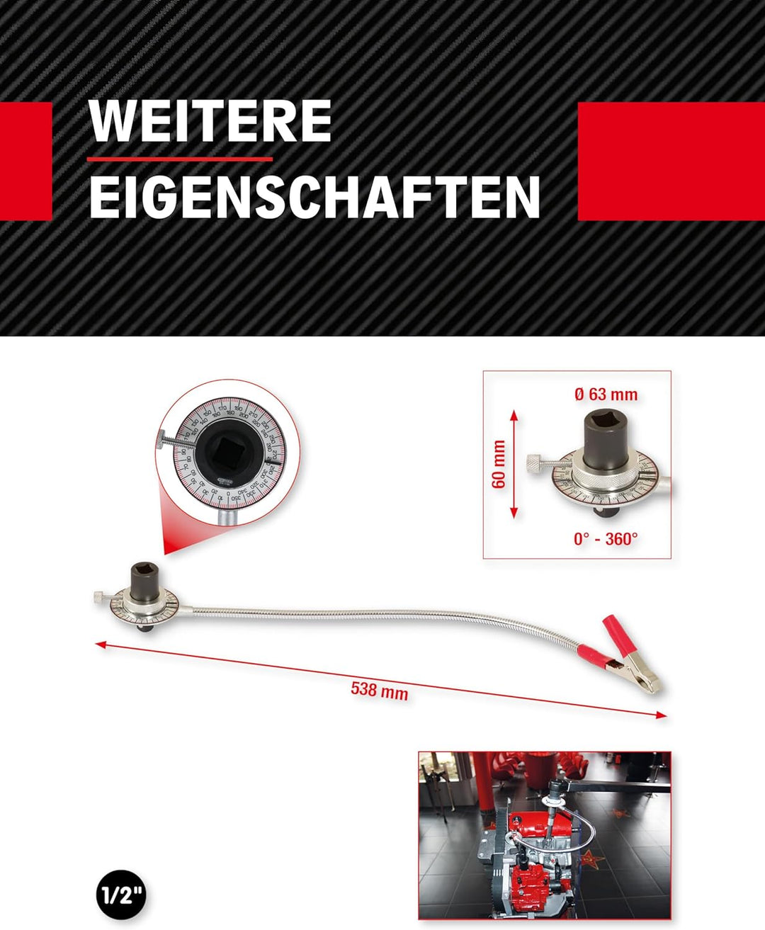KS Tools Drehwinkelmessscheibe I Drehwinkelmesser 1/2 Zoll 516.1196 I Mit flexiblem Krallenarm I Win