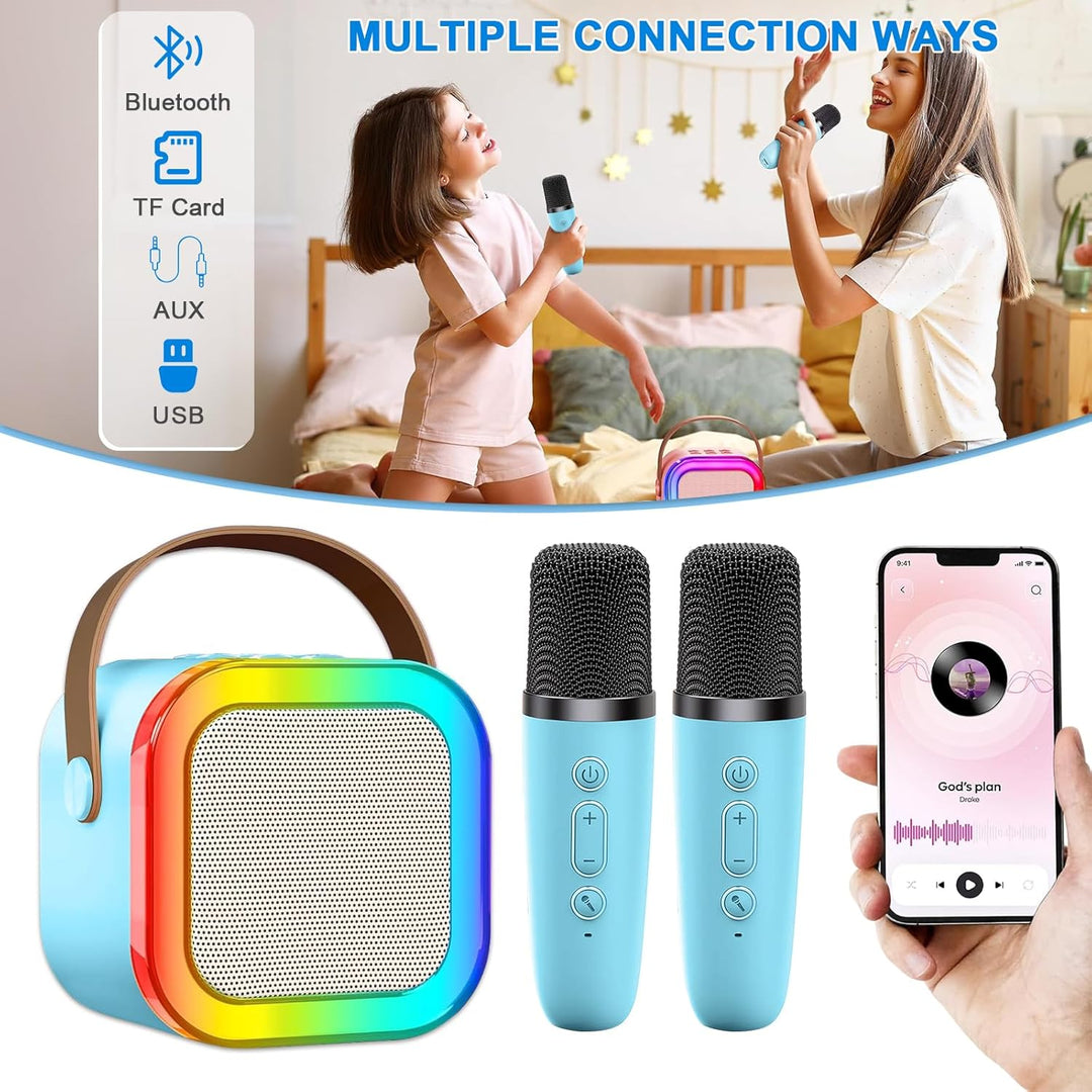 Mini Karaoke Maschine mit 2 Drahtlosen Mikrofonen, Karaoke Maschine Kinder, tragbarer Bluetooth-Laut