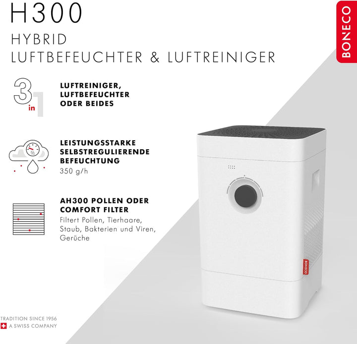 BONECO 3in1 Hybrid Luftbefeuchter & Luftreiniger H300 I 4,5L Wassertank I für Räume bis 50 m² I 6 Le