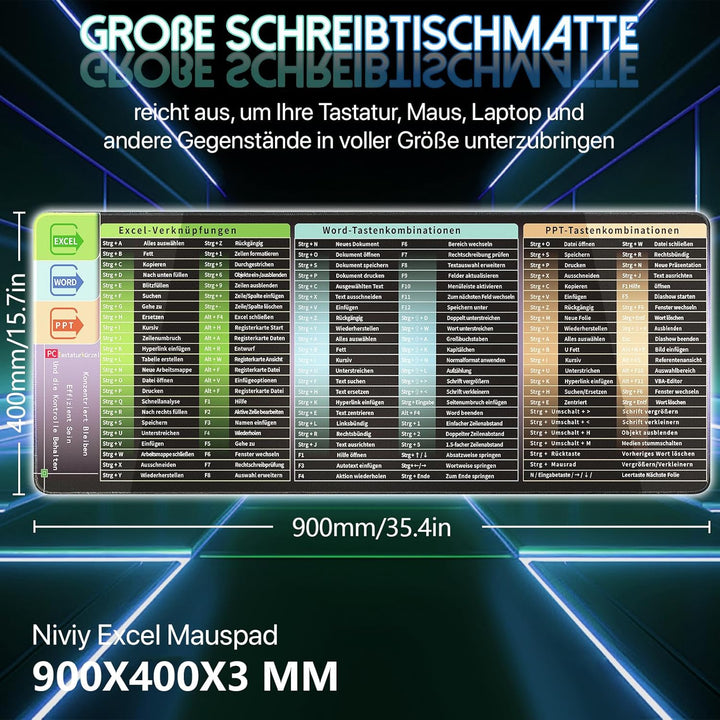 Niviy Excel Mauspad Deutsch,900X400X3 mm Gaming Mousepad XXL für Office und Zuhause XXL Desk Pad Gro