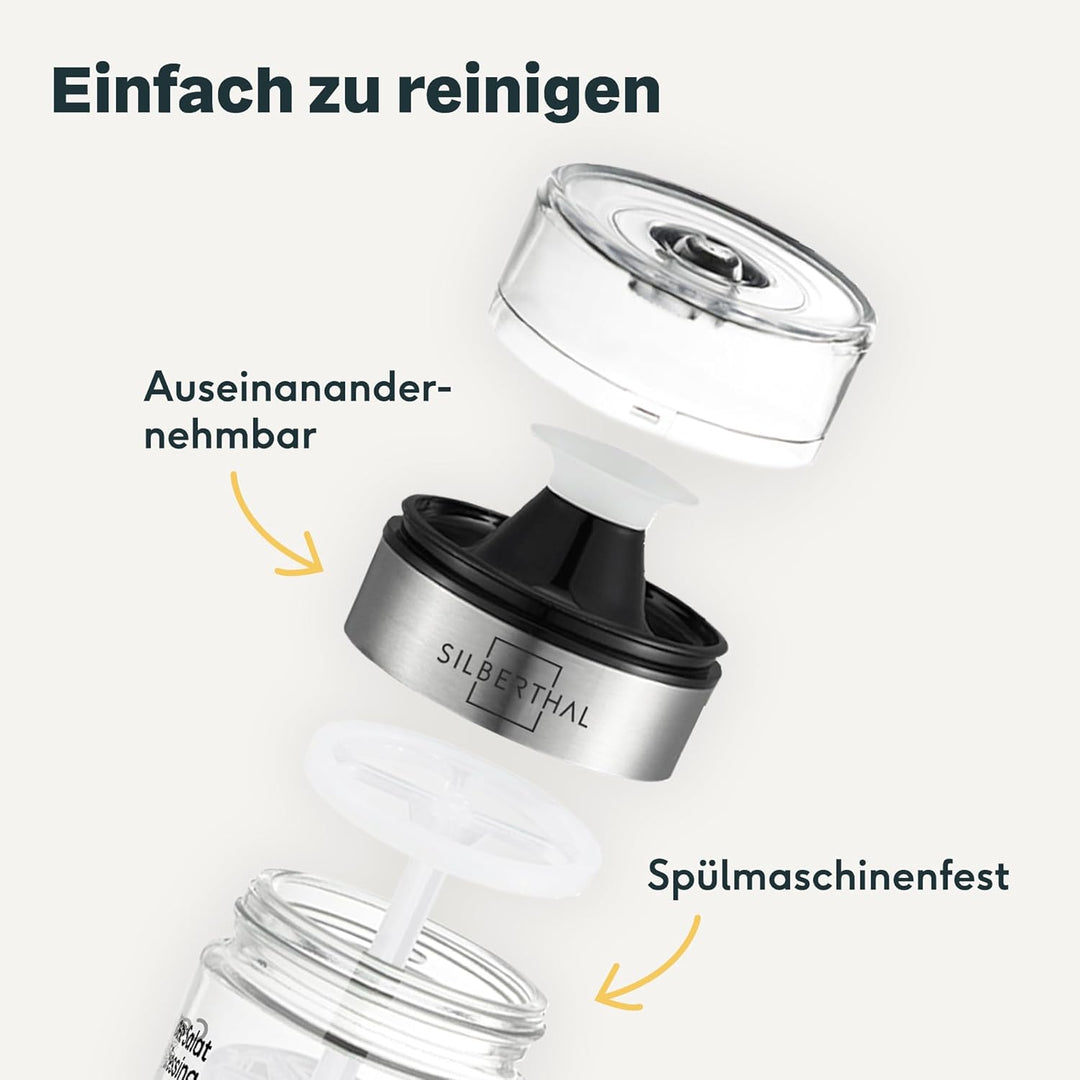SILBERTHAL Dressingshaker aus Glas mit Rezepten – 500 ml – Spülmaschinenfest - Neuer Deckel & Neue R