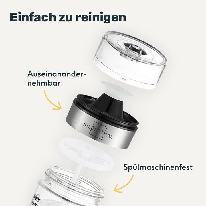 SILBERTHAL Dressingshaker Klein aus Glas mit Rezepten – 300 ml – Spülmaschinenfest - Neuer Deckel &