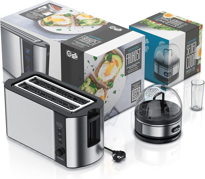 Arendo - SET Toaster FRUKOST mit Eierkocher SEVENCOOK Edelstahl Silver, Toaster 4 Scheiben LED-Displ