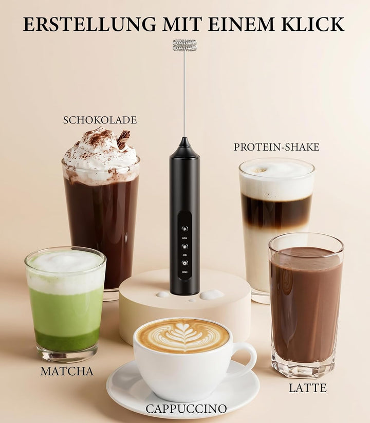 WONMAKE Milchaufschäumer Elektrisch, Handheld Milchschäumer Tragbar USB-C Wiederaufladbar mit 3 Eins